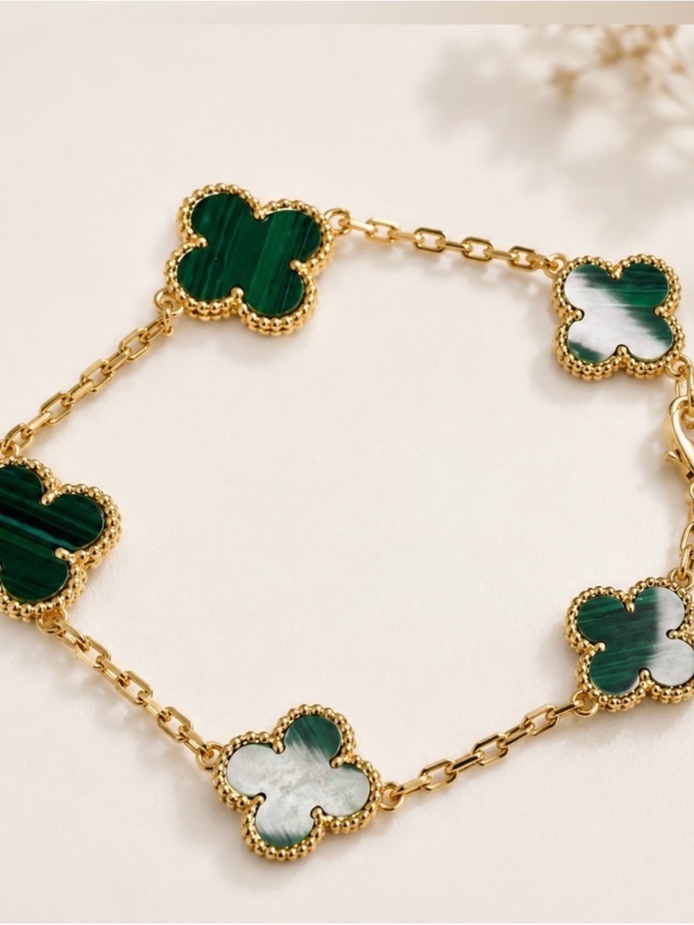 Gold Plated Bracelet with Green Clover Accents